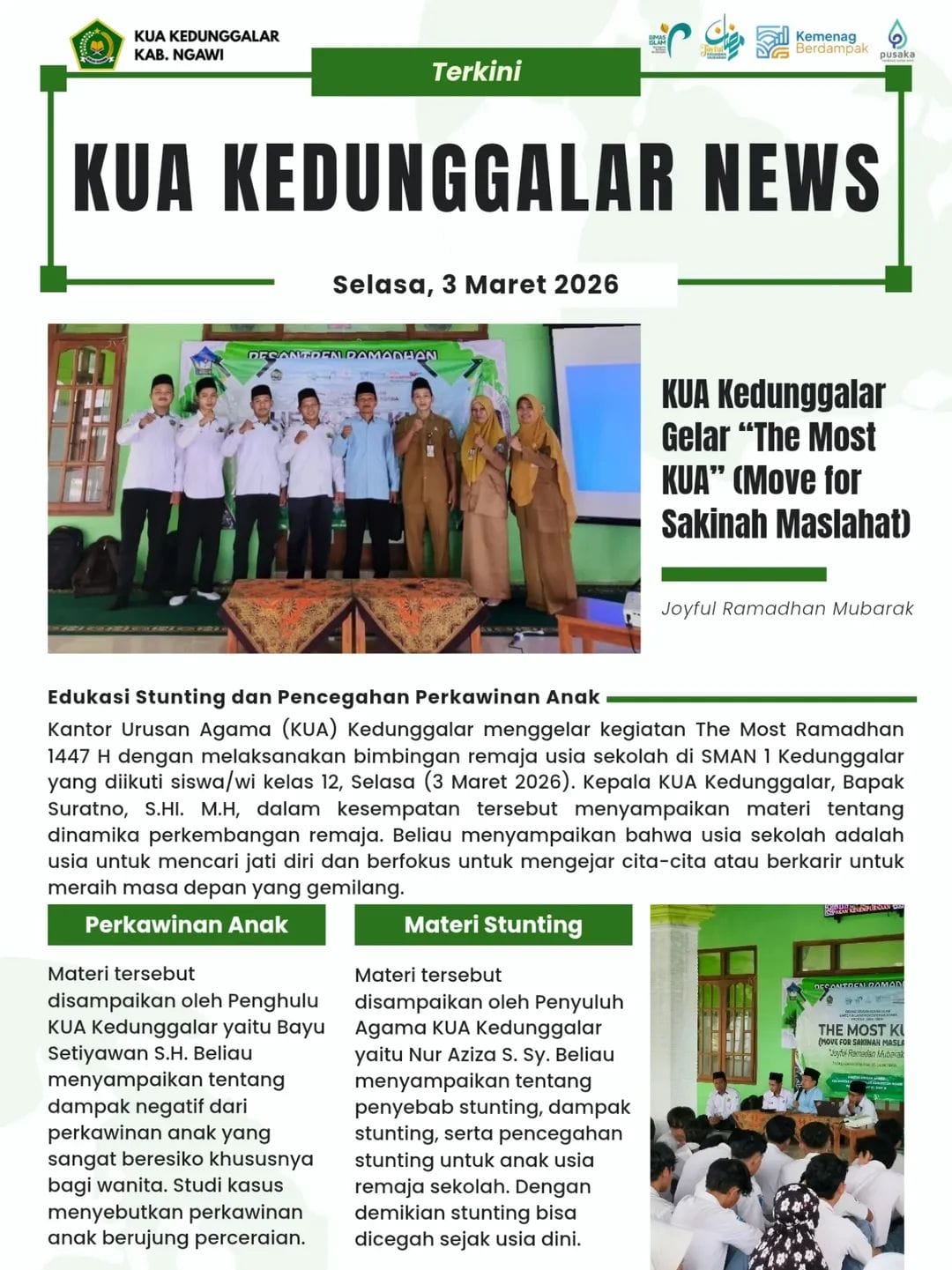 Edukasi Stunting dan Pencegahan Perkawinan Anak lewat: Bimbingan Remaja Usia Sekola (BRUS)